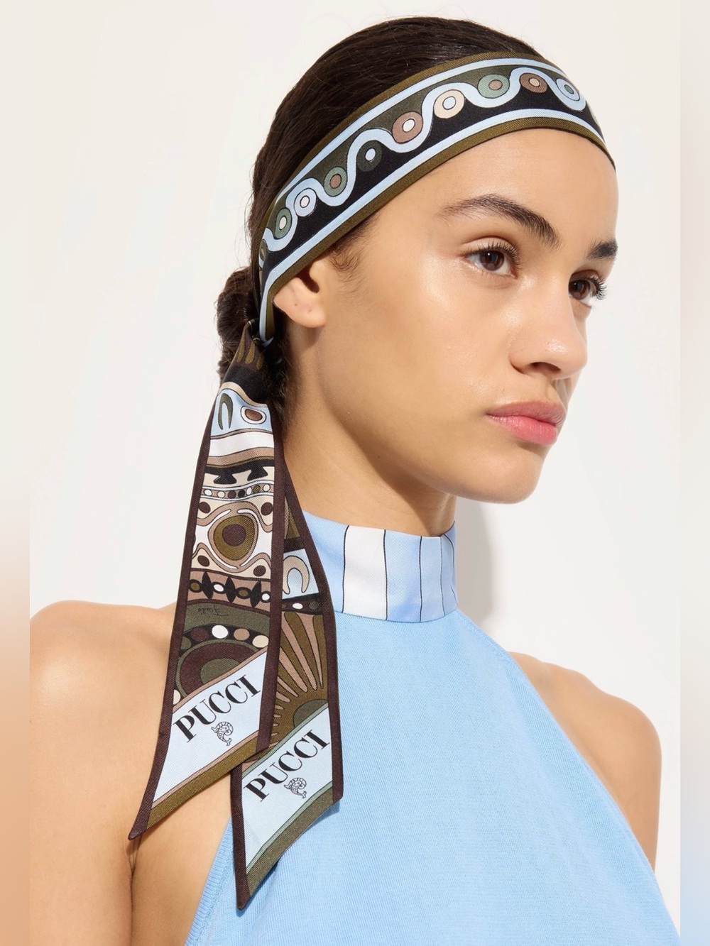 Pucci Blue & Brown Printed Silk Headband Scarf